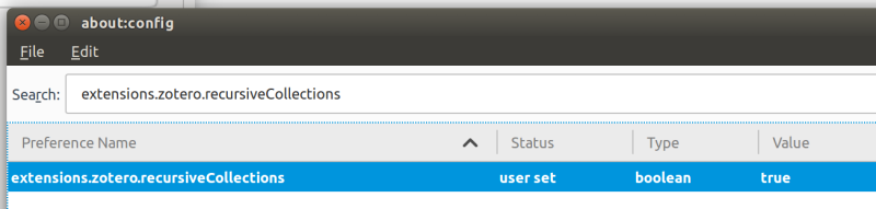 Set the custom variable `extensions.zotero.recursiveCollections` to true by double clicking over the Value column in the respective line.